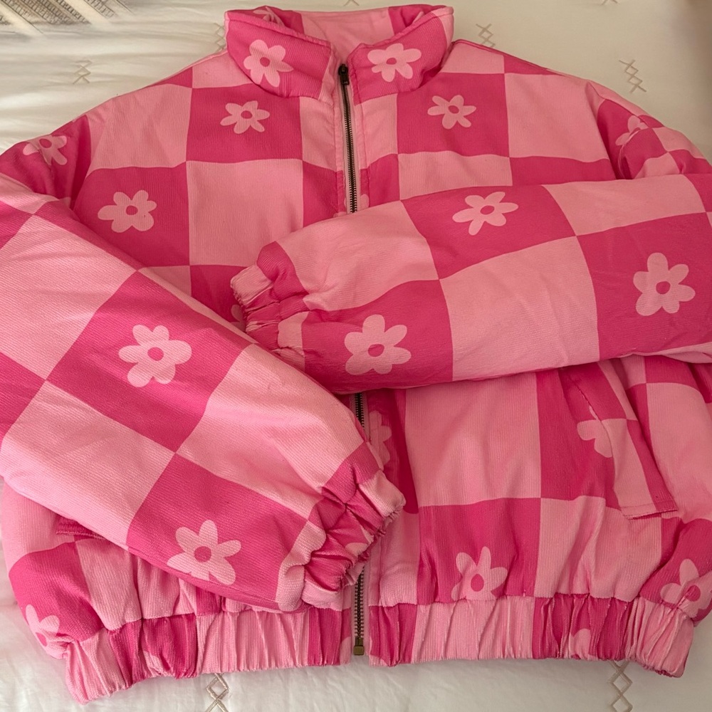 Pink Checkered Floral Puffer Jacket